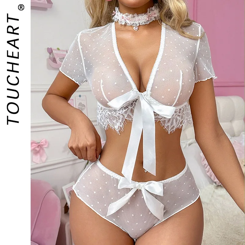 

Toucheart Cute Underwear Sexy Thin Model See-through Hollow Slim Exposed Navel Bow Knot Decor Interesting Intimate Underwear Set
