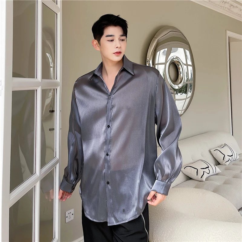 Senior Sexy Sheer Men Silk Blouse Summer Sun Protection Tops Night Club Shirts Beach Holiday Seaside Blouse Thin Quick Dry Shirt