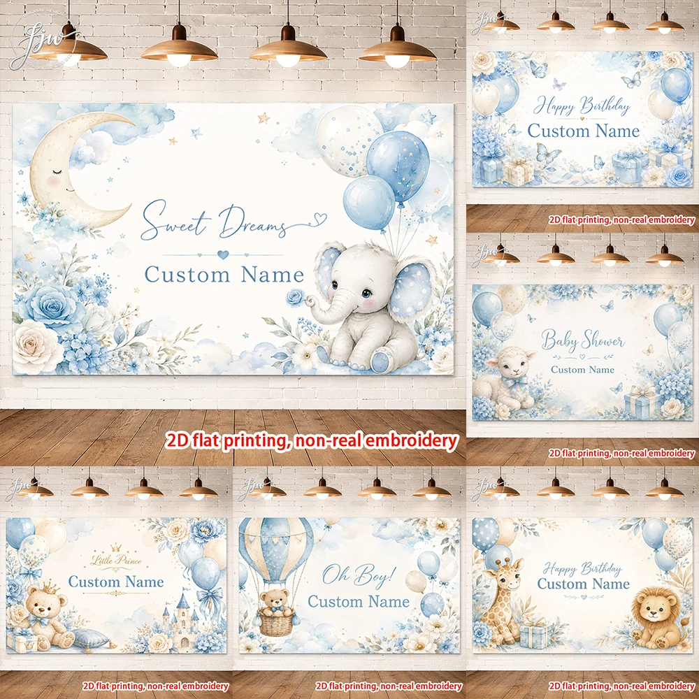 1pcs Customizable Watercolor Blue Baby Shower Birthday Backdrop with Cute Elephant Lamb Bear Animals for Party Decor