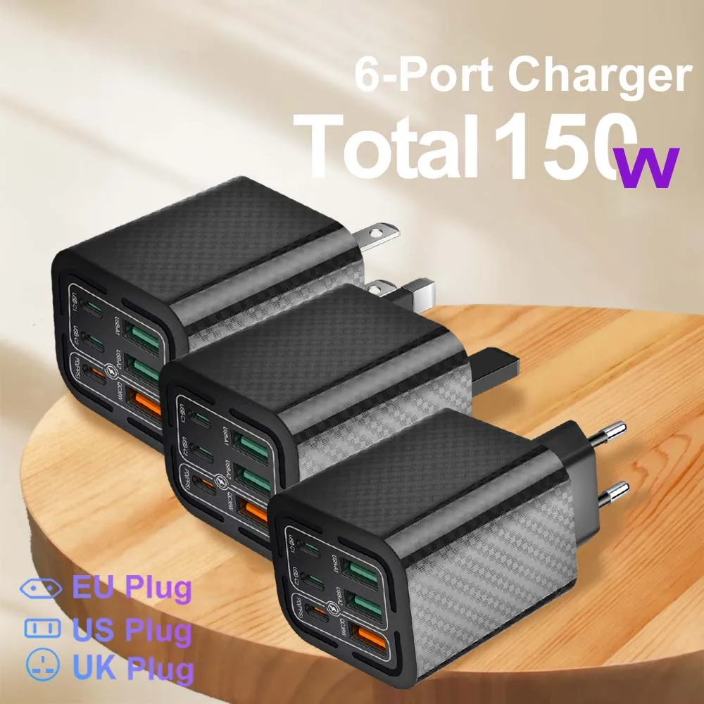 Total 150W USB Charger 6 Ports Type C Fast Charging Mobile Phone Wall Adapter EU/US/UK Plug For iPhone 15 Samsung Xiaomi Huawei