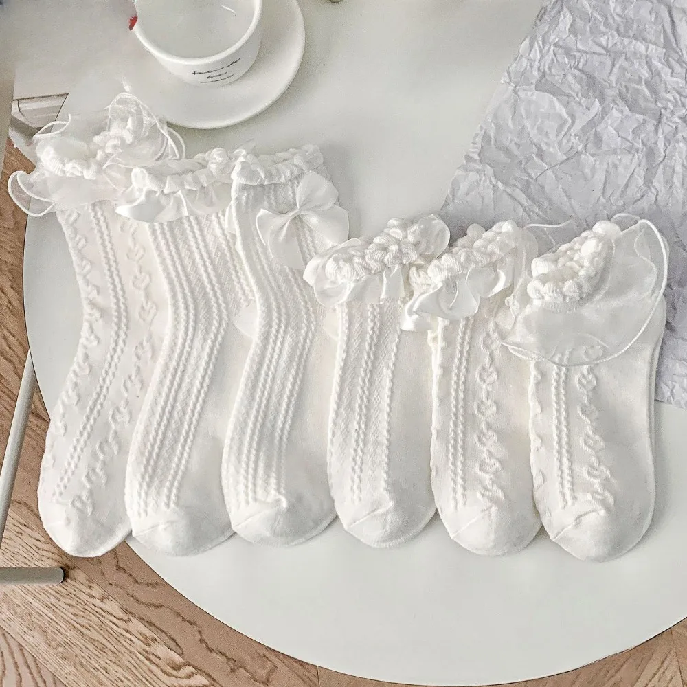 

3/5 Pairs Lolita Socks White Lace Cotton Socks Women Heart Bowknot Sock Middle Tube Sweet JK Ankle Hosiery Dress Calcetin Medias