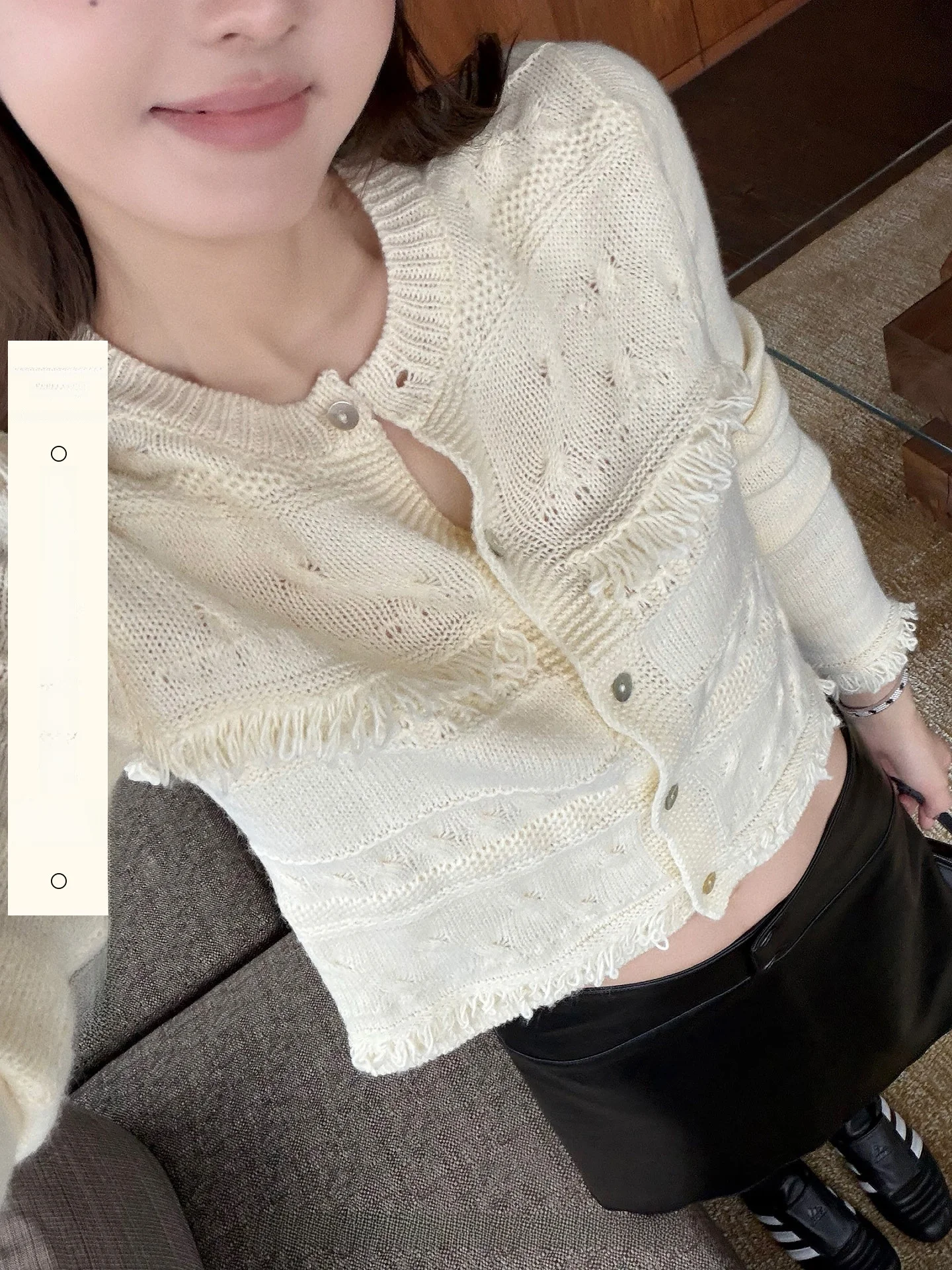 

NingSi round Neck Knitted Sweater Women's Spring Korean Style Slimming Short Cardigan Tassel Trim Warmth Daily Long Sleeve