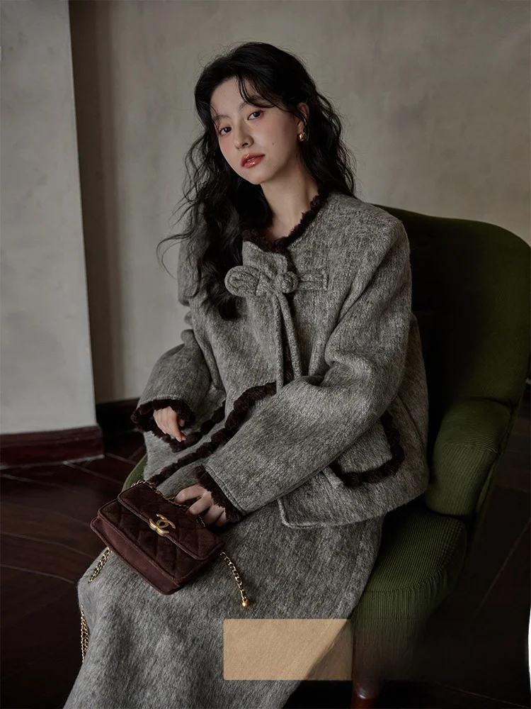 

Ximen 2025 Осень Зима Новый год Thiened ort Шерстяное пальто Женский комплект с юбкой Корейский Sle Straight Cut Long Sve ro...