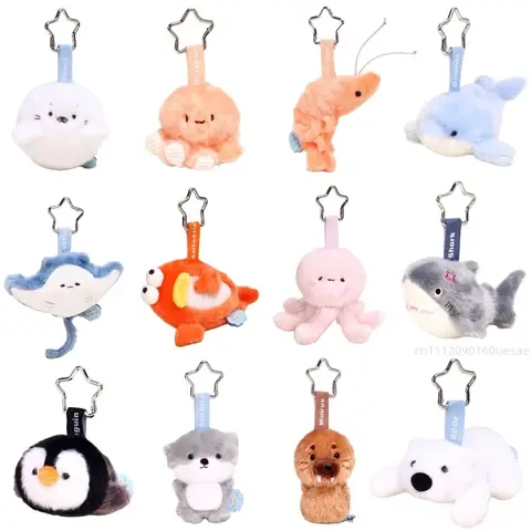 12cm New Creative Ocean Team Animal Plush Keychain Swimming Circle Keychain Stuffed Penguin Shark Octopus Trendy Toy Gift