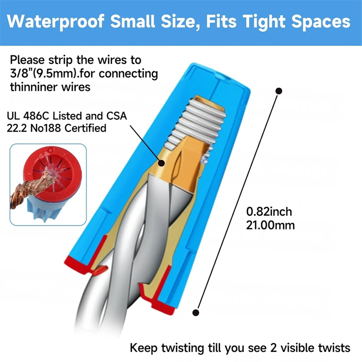 A002 50PCS Waterproof Wire Electrical Connectors 22AWG-14AWG,Outdoor Seal Electrical Twist Nuts Caps Cable Terminal Connector