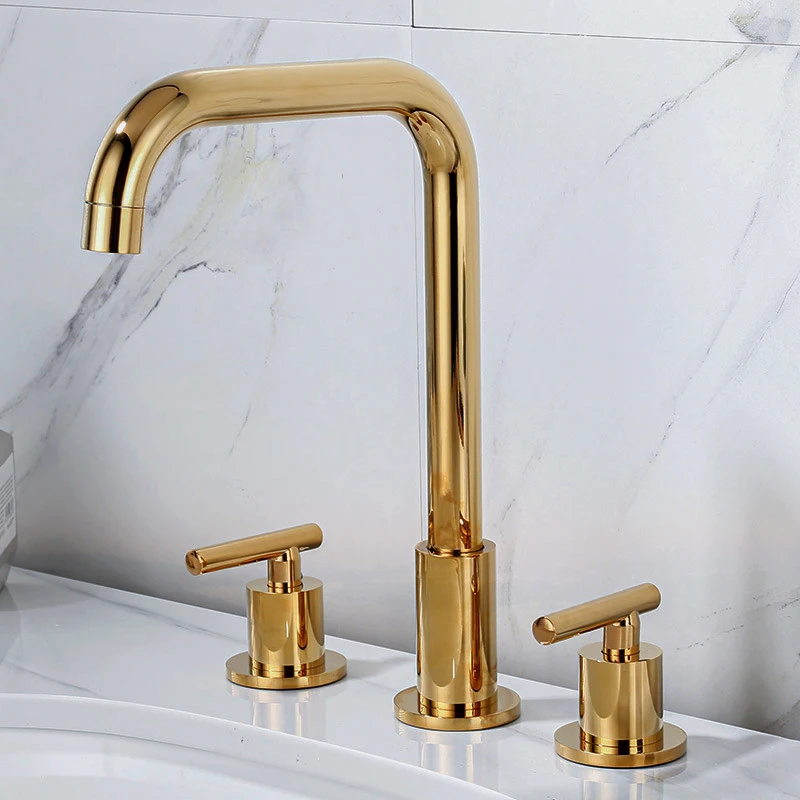 

Brass Gold Plated Split Basin Faucets Deck Mounted Bathroom Sink Faucets 3 Hole Double Handle Hot and Cold Water MixerTaps