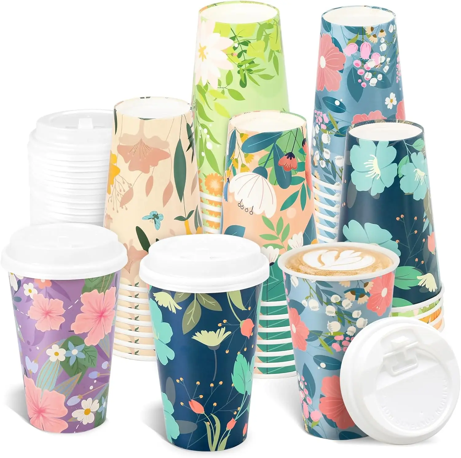 

Disposable Paper Cup 16 oz 48-piece Coffee Cups with Lids, 6 Spring Floral Design Drinking Paper Cups for Floral Themed