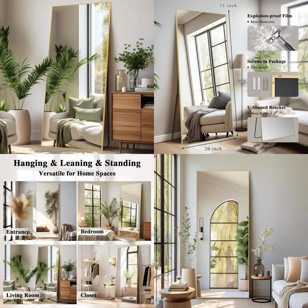 Espelho grande de corpo inteiro com suporte, 26 x 71, retângulo dourado grande, ideal para parede do quarto e vestiário