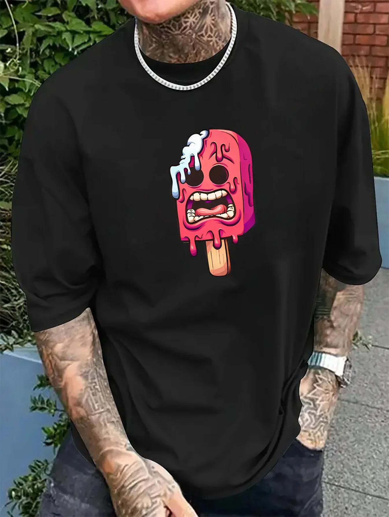 

Men's Pink Popsicle Print T-shirt Men's Summer 100% Cotton Fun Street Cartoon Design Casual Comfortable Breathable Short Sleeve