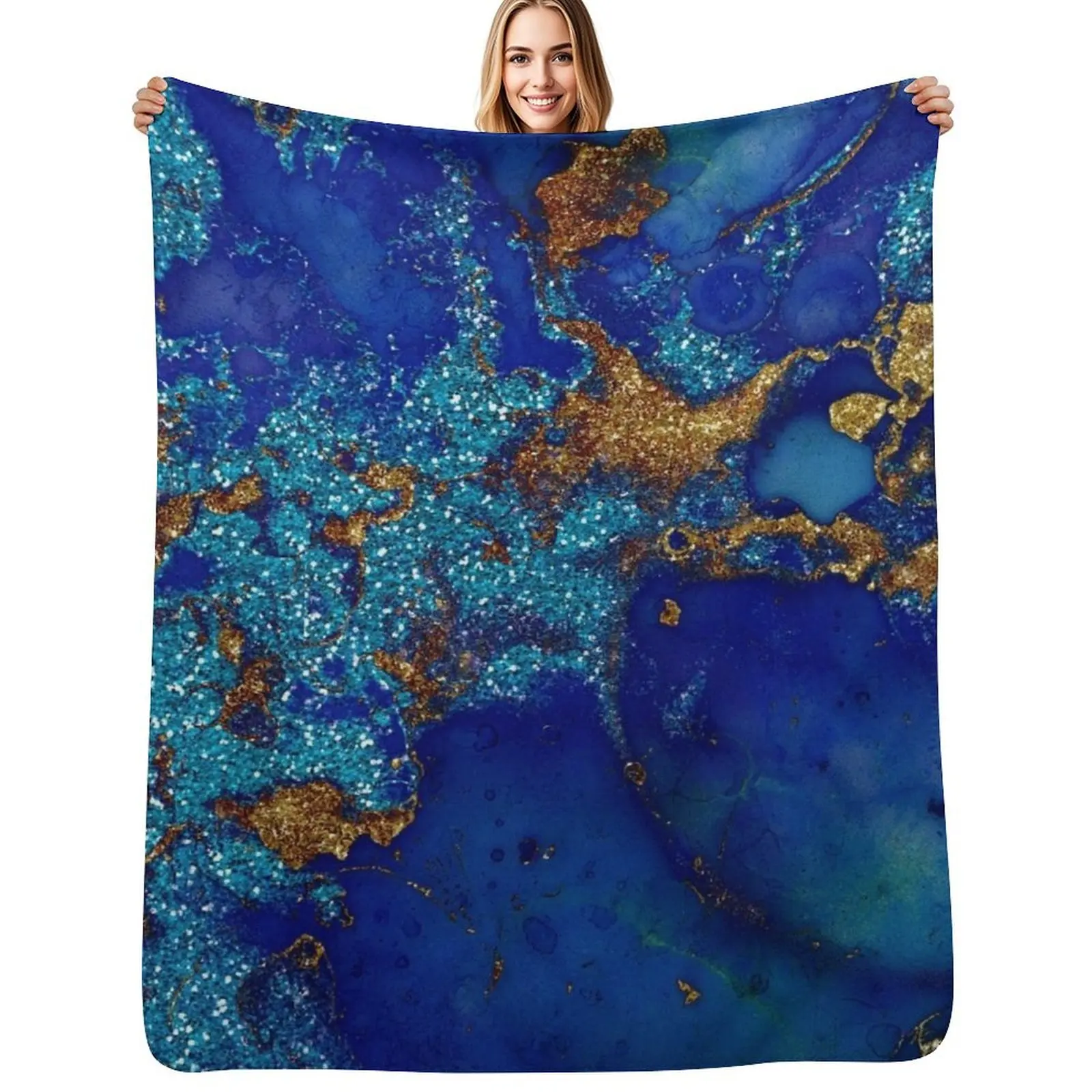 

Gold Indigo Blue Faux Malachite Marble Throw Blanket funny gift sofa bed Flannels Hairy Blanket