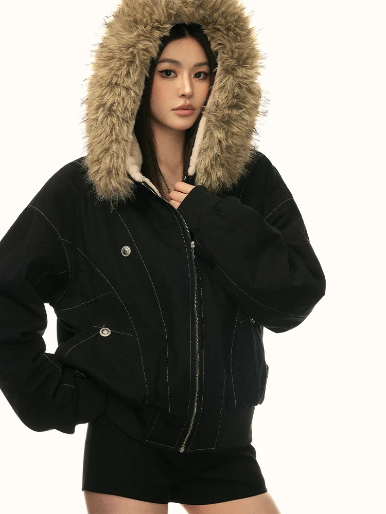 

Aaisup Thickened Hooded Fur Collar Cotton Jacket Women's Autumn Winter Padded Coat Street Style Loose Fit Short Zipper Closure