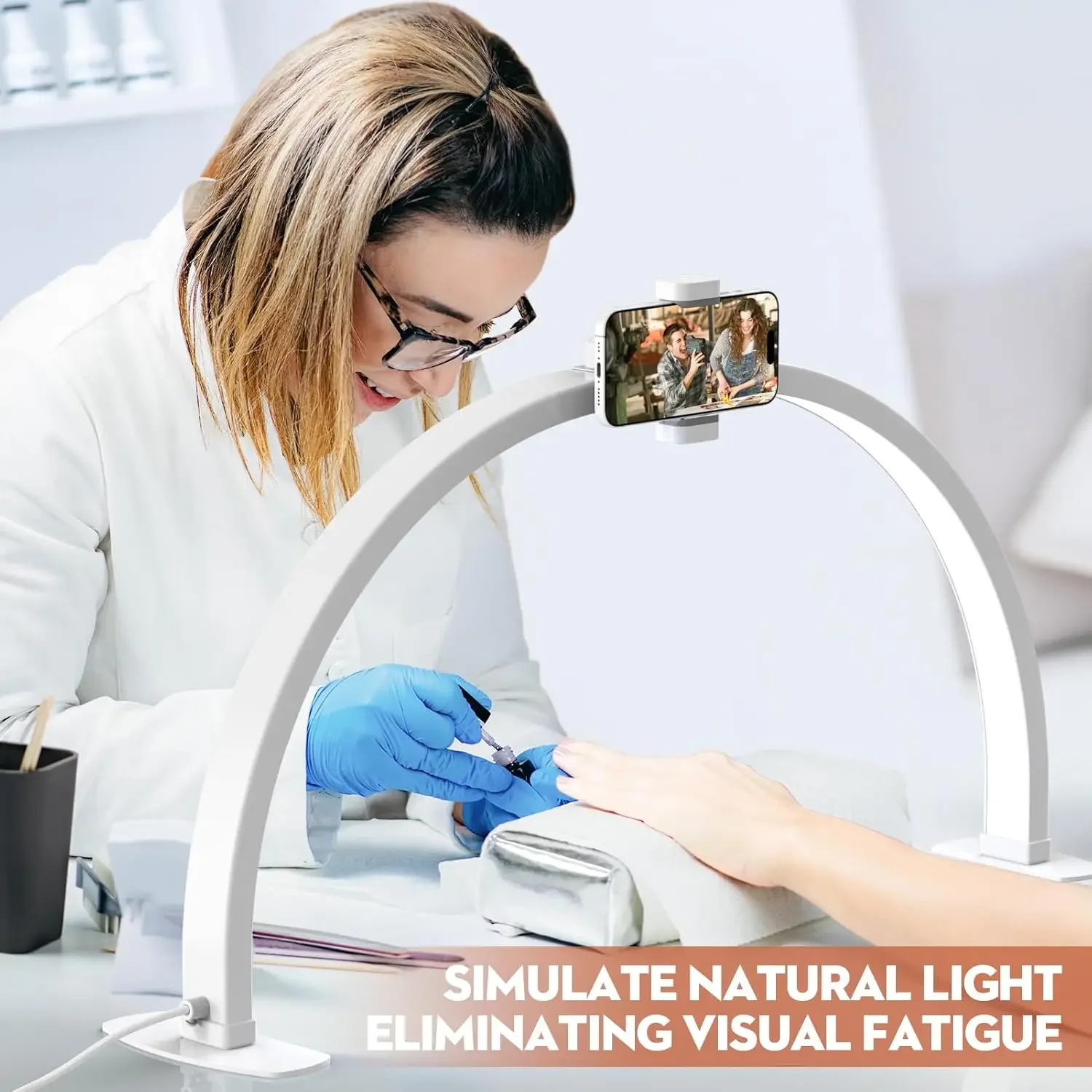 Groot halve maan LED-licht voor Nail Tech, booglicht voor nagel Bureaulamp met telefoonstandaard Perfect voor manicure handwerkverlichting