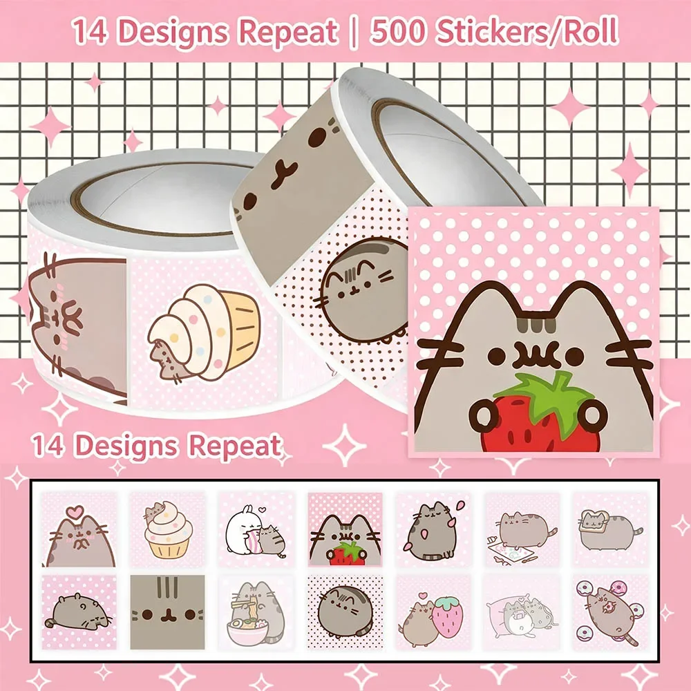 Hou 500pcs Pusheen Cartoon Cat Roll Stickers Waterproof Graffiti Scrapbooking Notebook Phone Cute Decoration Decals Toys view 2