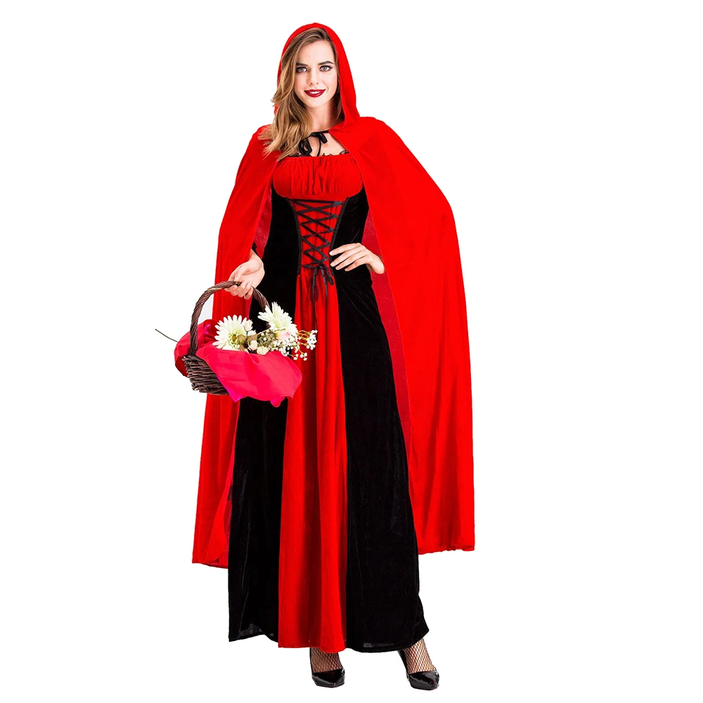 Women Little Red Riding Hood Halloween Carnival Outfit Adult Fairy Tales Queen Cosplay Costume Long Dress Red Cloak