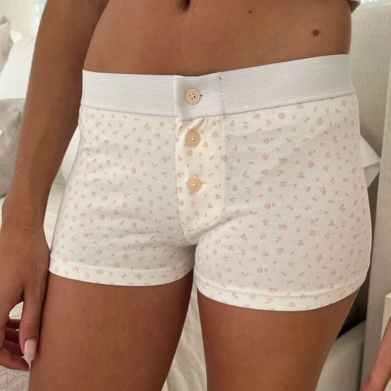 Women Lounge Shorts Button Floral Print Y2k Low Rise Sexy Micro Shorts Slim Fit Pajama Bottoms Cute Sleep Shorts Streetwear