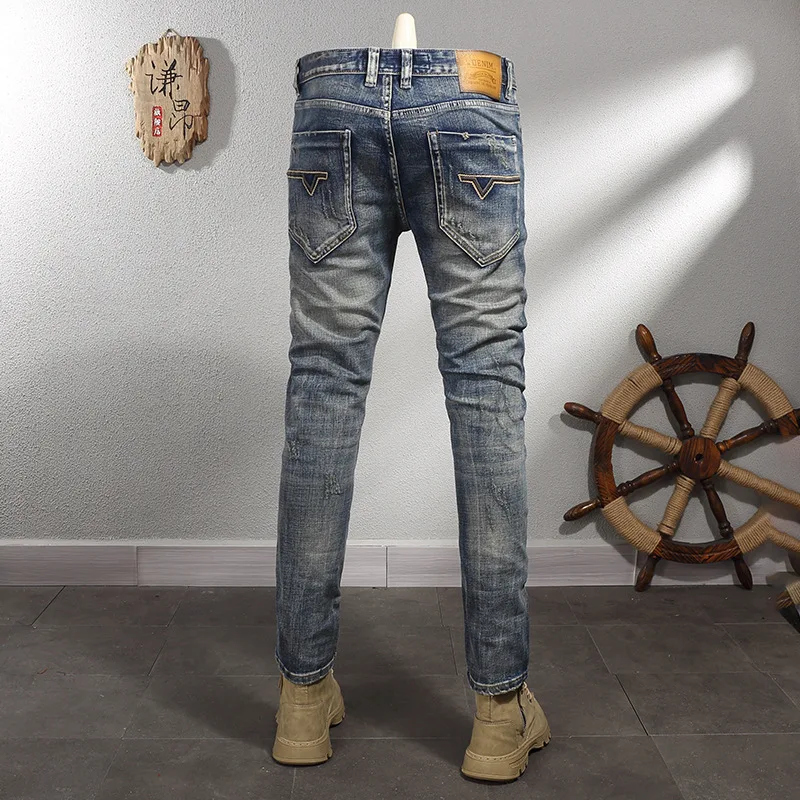 Ripped Jeans Men's Retro Nostalgic Fashion Men's Clothing Street Casual Motorcycle Trousers High Street Slim Skinny Pants