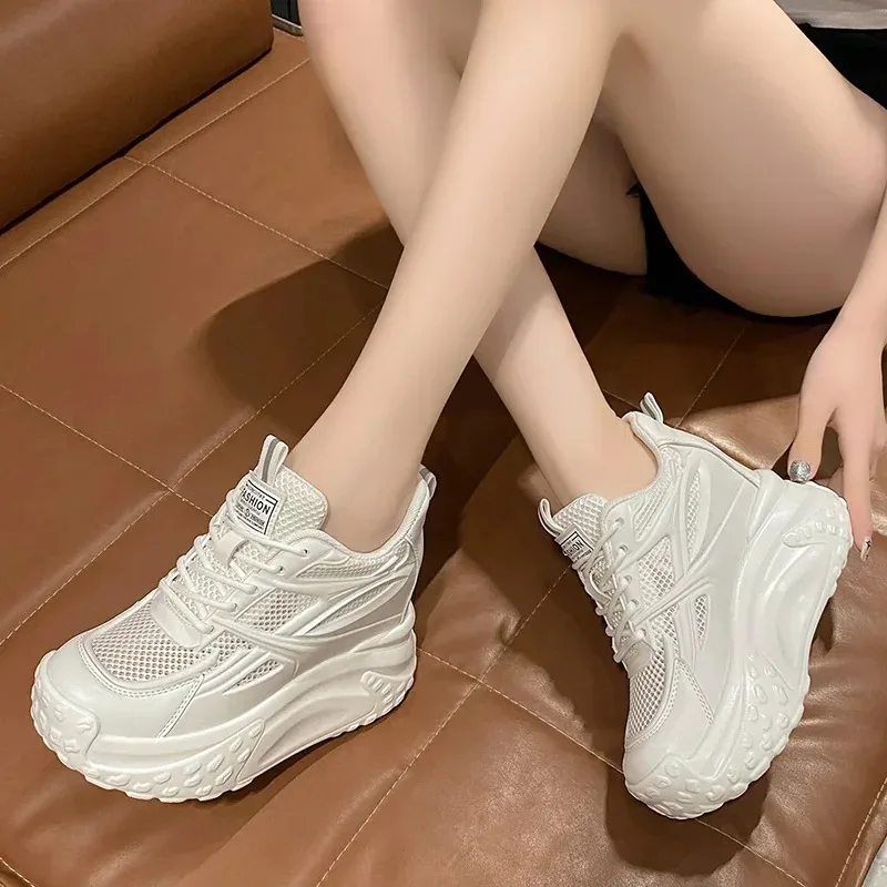 Hollow High Heels 10cm Sneakers Chunky Casual Autumn Spring Platform Wedge High Fashion Breathable Women Summer Shoes