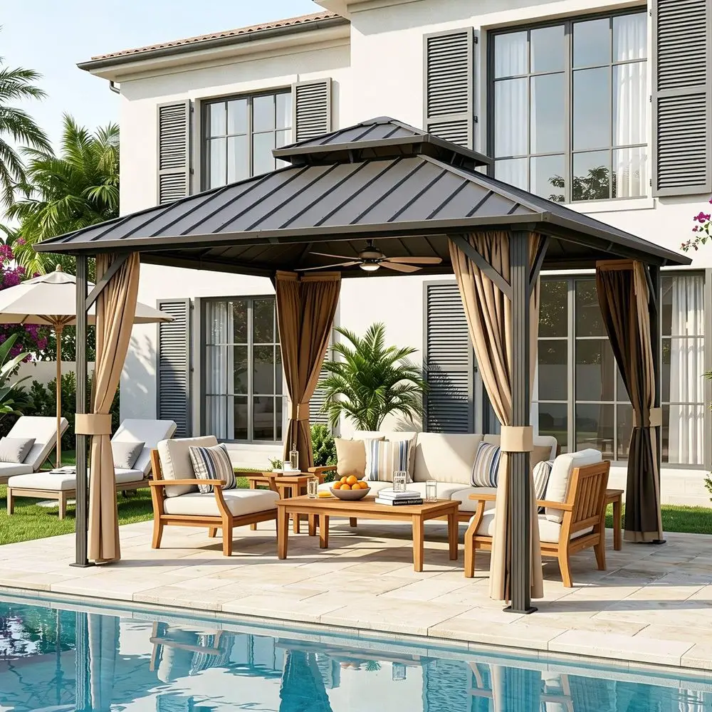 

ft Hardtop Gazebo Outdoor Aluminum Patio Gazebo Double Roof Galvanized Steel Canopy with Netting and Curtains for Garden, Backy