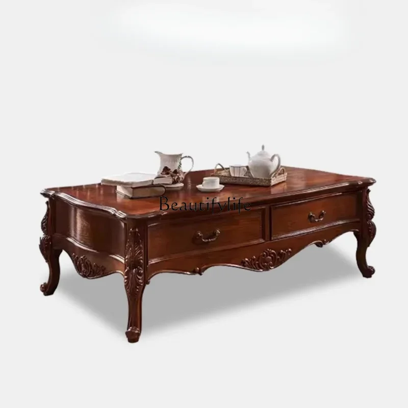 

American retro rural solid wood coffee table European-style villa with rectangular tea table