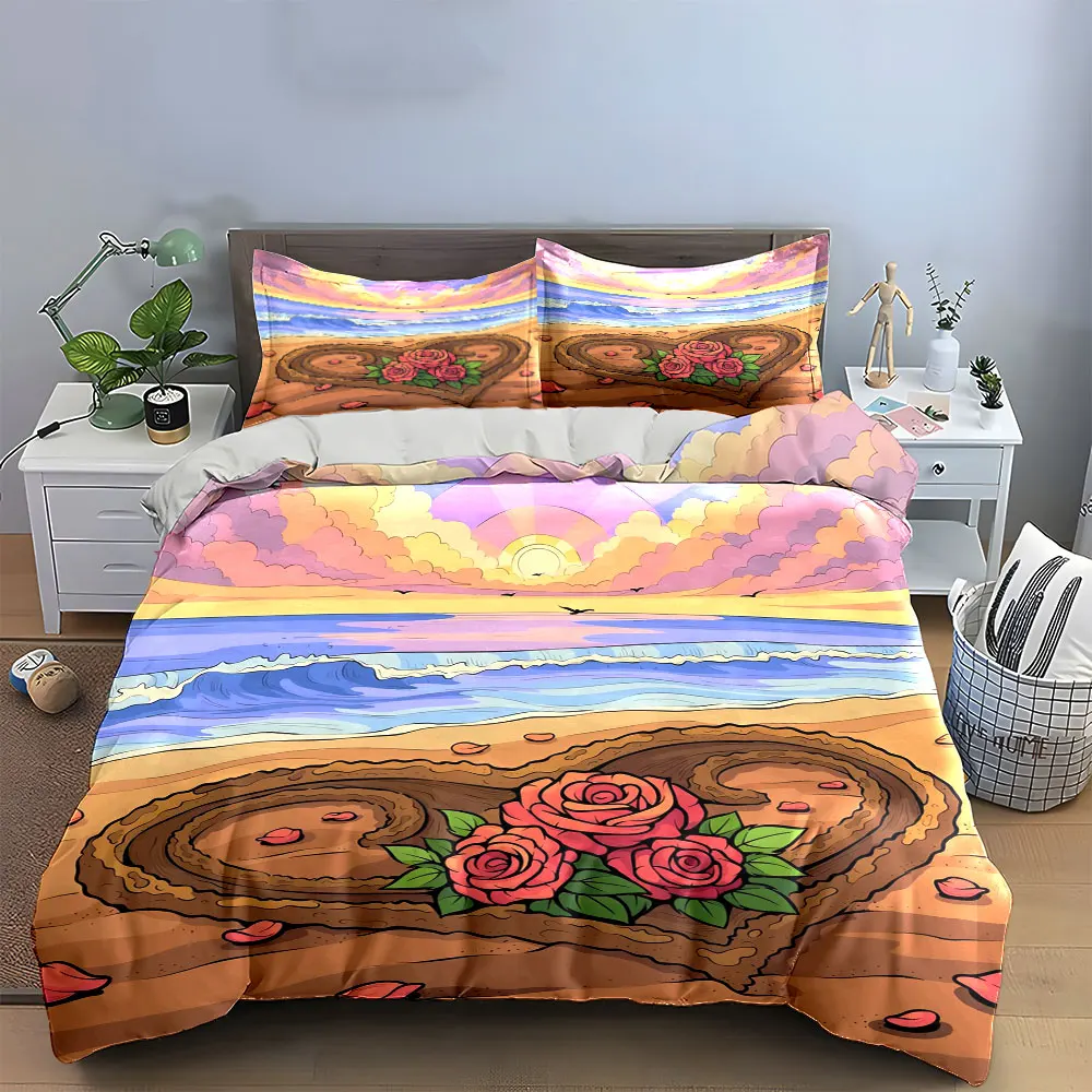 Romantic Beach Heart Decor Set Bedding Set with 1 Duvet Cover 2 Pillowcases Single Double King Queen, Gift
