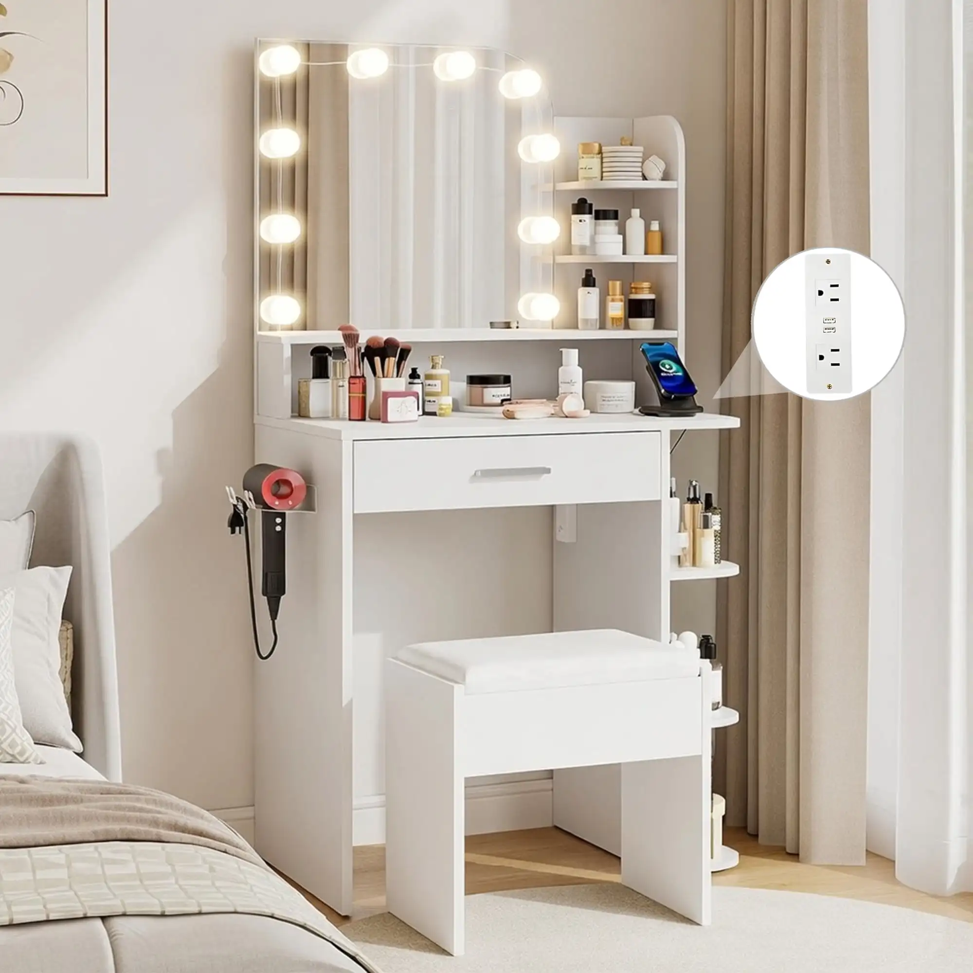 Makeup Vanity Set with Mirror and Lights, 26.4" White Vanity Mirror with Lights with Large Drawer and 6 Level Storage, White Vanity with Large Led Mirror with 3 Color Lighting Modes