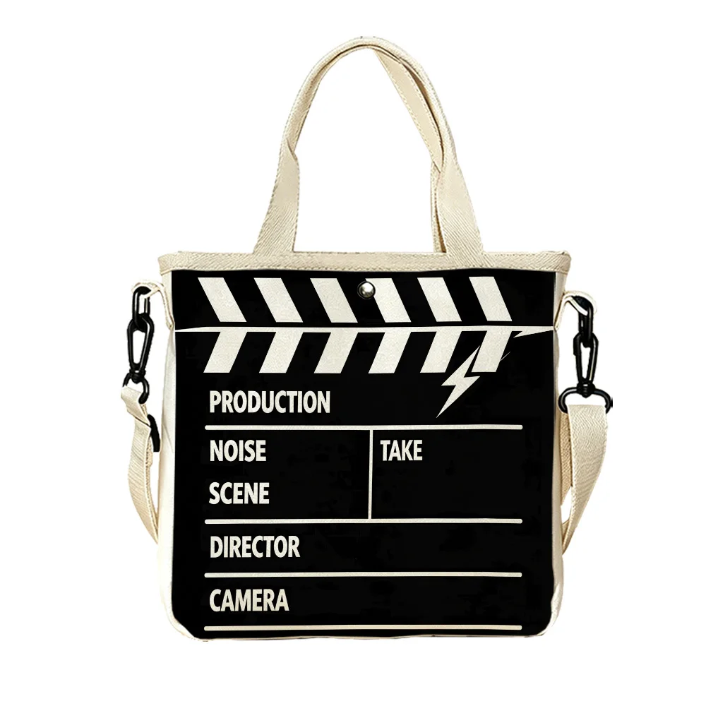 Clapperboard ready Women Double-Sided Printed Canvas Tote Bag Removable Crossbody Strap Lightweight for Short Trips