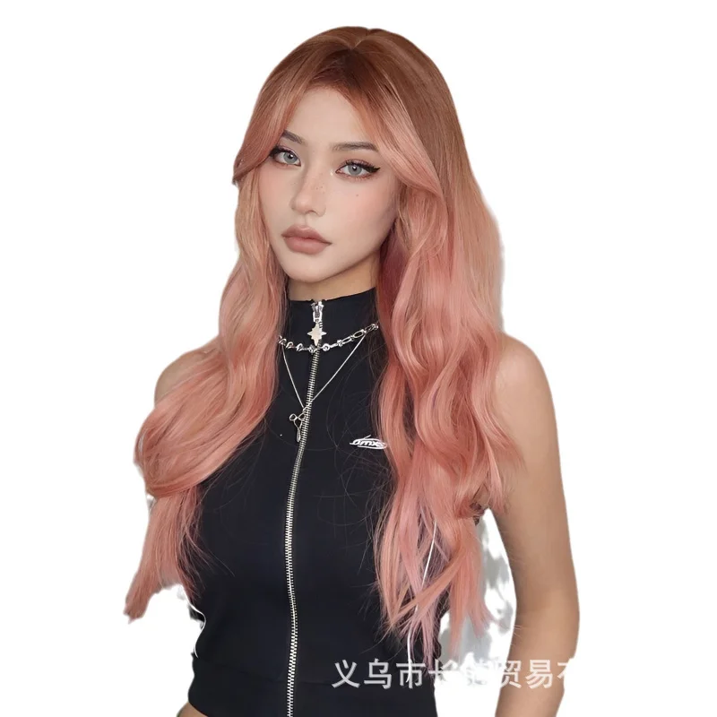 European and American pink wig, long curly hair with bangs, full head style, high-temperature fiber, suitable for holiday