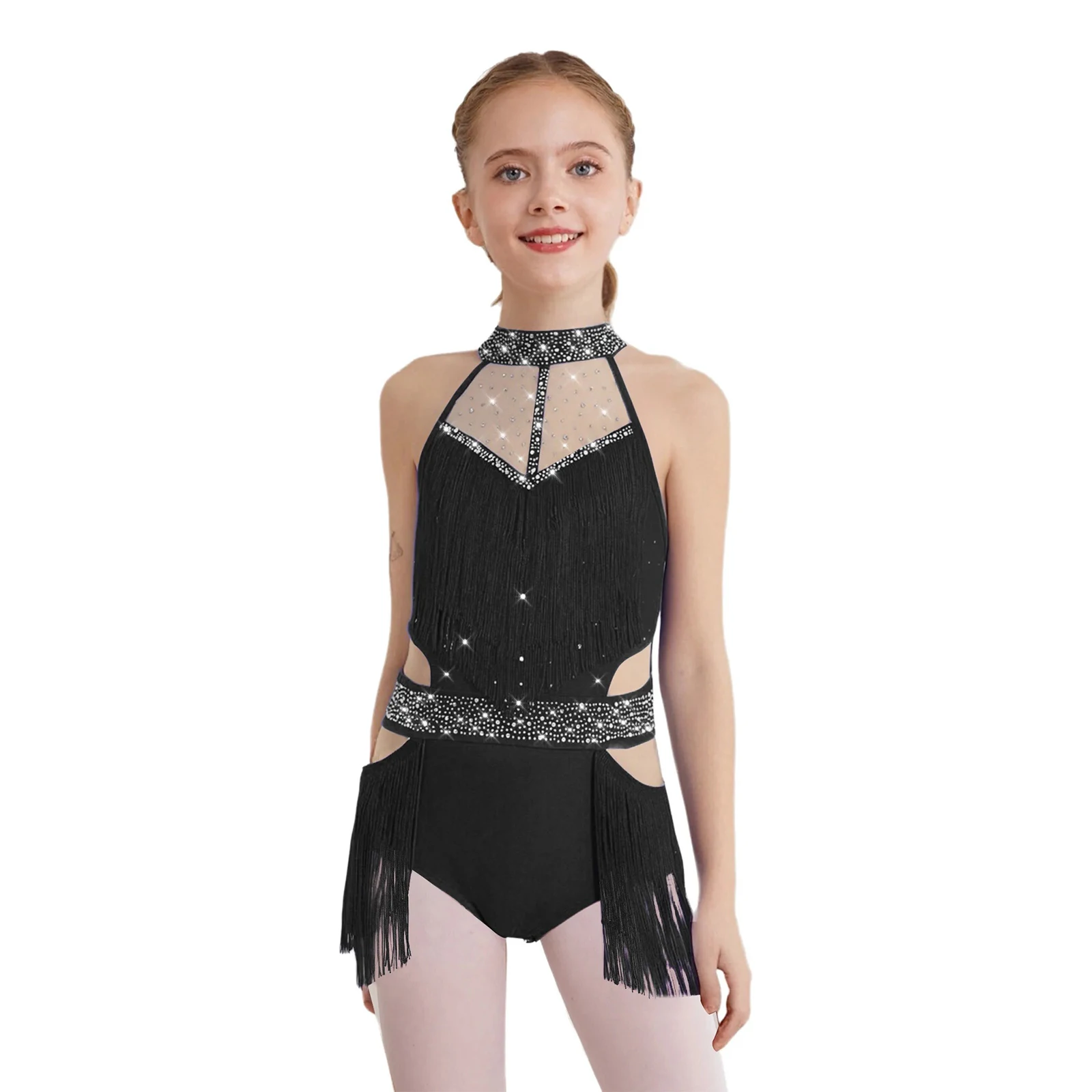 

Kids Girls Tassels Latin Dance Leotard Sleeveless Sheer Mesh Cutout Back Shiny Rhinestones Skirted Bodysuit Jazz Tango Dancewear