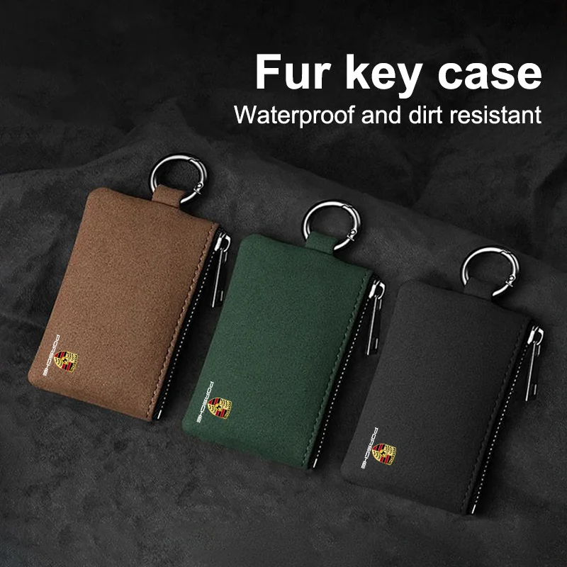 Suede Car Key Case Keychain Mini Storage Bag Accessories For Porsche Cayenne Panamera Macan 911 718 Taycan Boxster Cayman Pajun