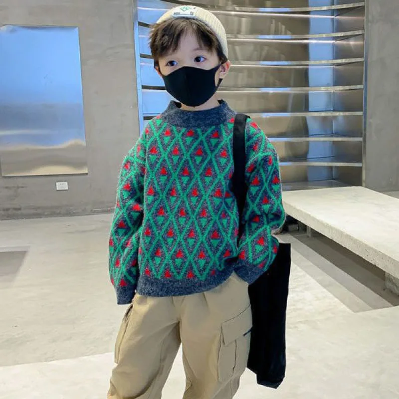 Autumn Winter Junior Boys Sweater Cotton Thick Velvet Warm Baby Boys Pullovers 3-12 Years Boy Teenage Contrast Argyle Undershirt