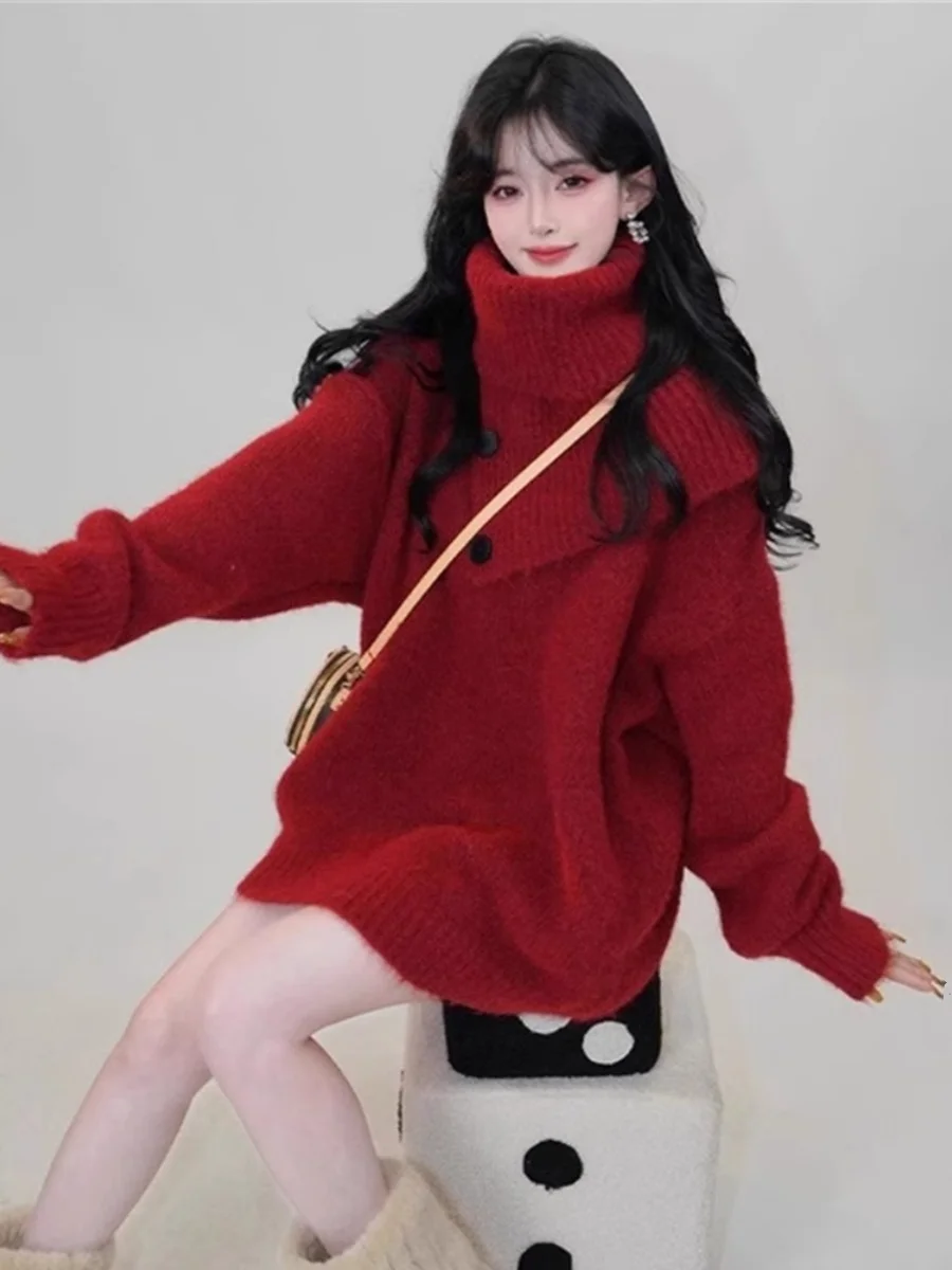 

Cisas Red High Collar Knitted Sweater Set Dr Women's Autumn Winter New Year Par ort Skirt Two Piece Knitwear Ensemble
