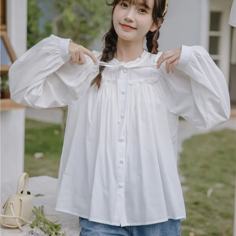 French Long Sleeve Shirts Women Vintage Ruffles Sweet Preppy Versatile Tops All-match Lace-up Baggy Clothes Youthful Kawaii Ins