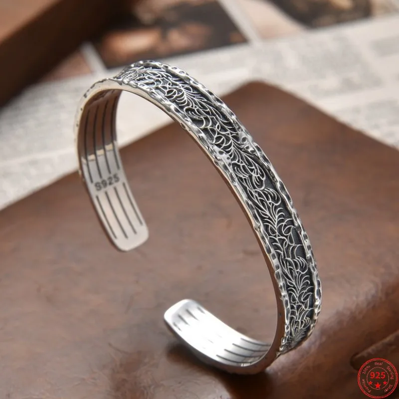 Genuine S925 Sterling Silver Bracelets for Men Women Vintage Eternal Vine Grass-pattern Bangle Pure Argentum Punk  Jewelry