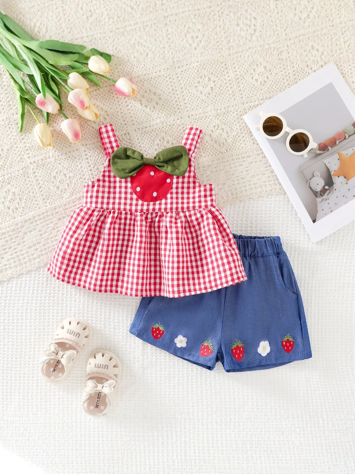 

Baby Girls Summer 2PCS Outfit Cute Strawberry Embroidery Plaid Cami Top And Denim Shorts Casual Set For Toddler