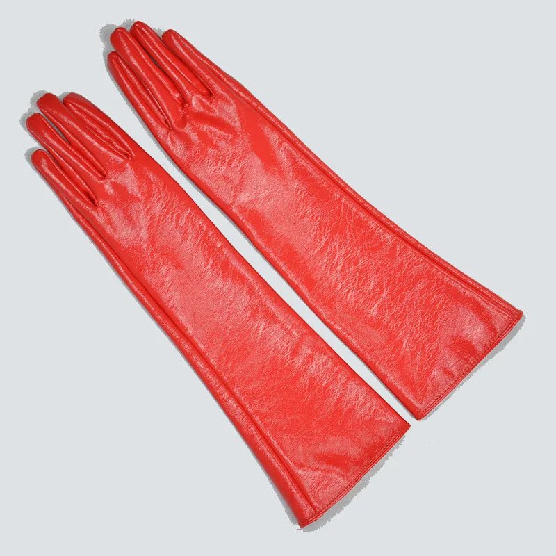 Female 40cm Patent Leather Gloves Shiny Red Faux Real Leather PU Performance Photo Shoot Cosplay Women Gloves PU40-1