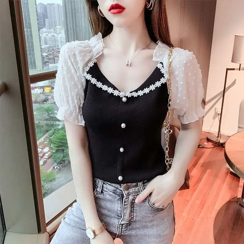 

2024 Summer New Fashion Spliced Elastic Knitted Beading Square Collar Bubble Short Sleeve Slim Fit T-shirt Women's Clothing Tops