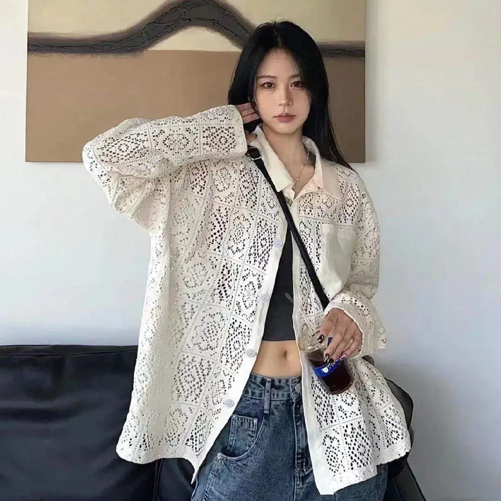 Retro oco para fora longo sve feminino irt proteção solar design sensação outerwear gola na moda cardigan aberto