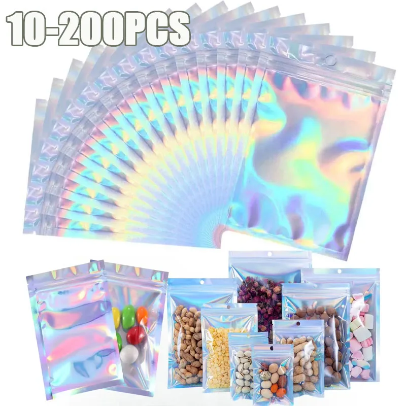 10-200 pçs saco ziplock laser colar brincos jóias sacos de embalagem de presente casos de telefone celular sacos de embalagem coloridos organizador de cozinha