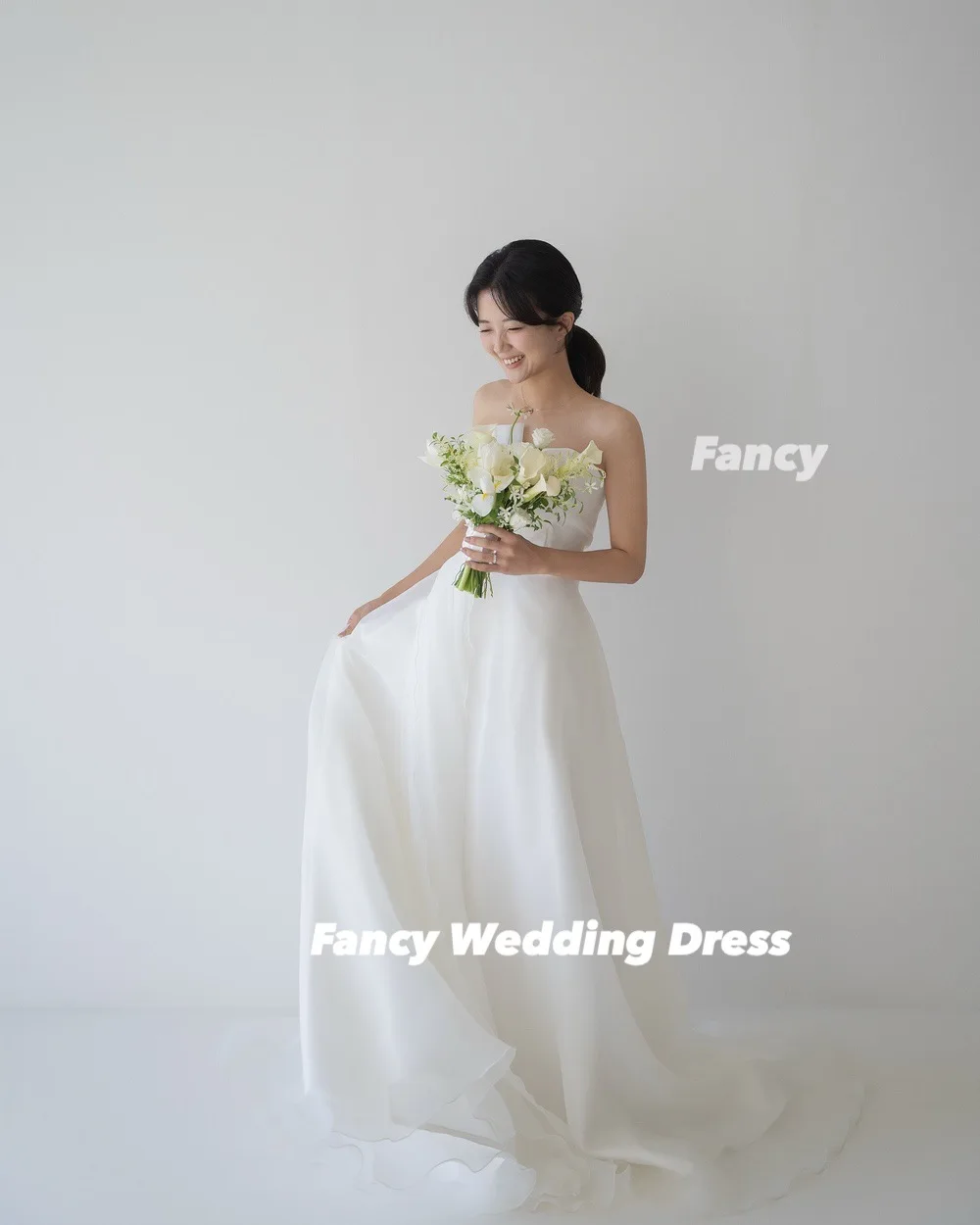 Fancy Irregular Organza Wedding Dress Korea Photo Shoot A Line Evening Dress Back Corset Customized