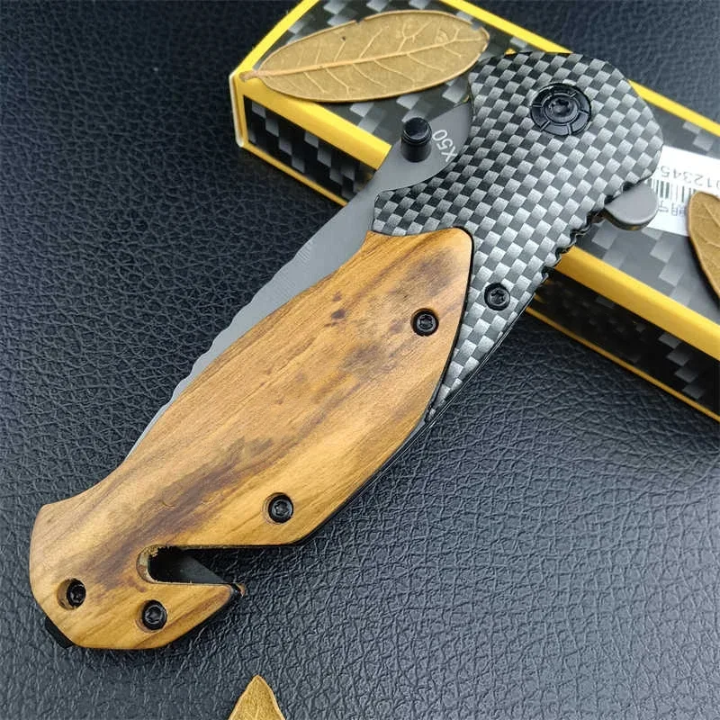 Novelty Gray X50 Pocket Knife 5Cr13Mov Titanium Blade Wood Handle Survival EDC Tactical Folding Knife Fruit Cutting Tools