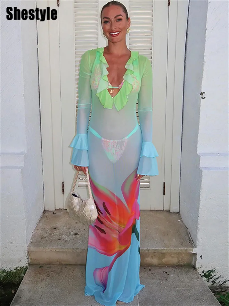 

Shestyle Sexy Women Long Dress Beachwear Gradient Flower Print Mesh See-Through Ruffles V Neck Flare Trumpet Outfits Elegant