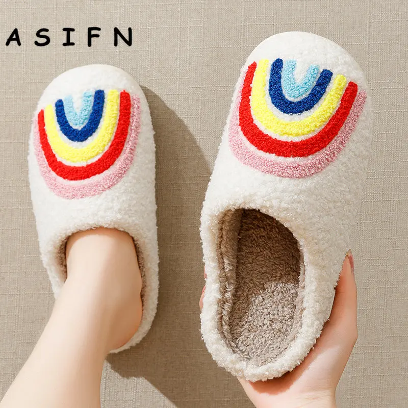 Women's Rainbow Slippers Fashion Fluffy Cushion Slides Cute Womens Comfortable Houseshoes Good Vibes Winter Warm Non-slip Shoes