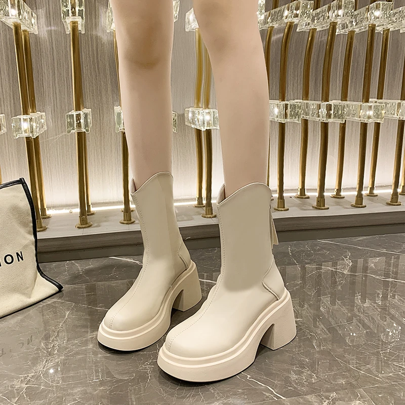 الخريف والشتاء الاتجاه الجديد الموضة الفرنسية سميكة سوليد كعب سميك جولة تو منصة مقاومة للماء أحذية عالية الكعب الموضة #5
