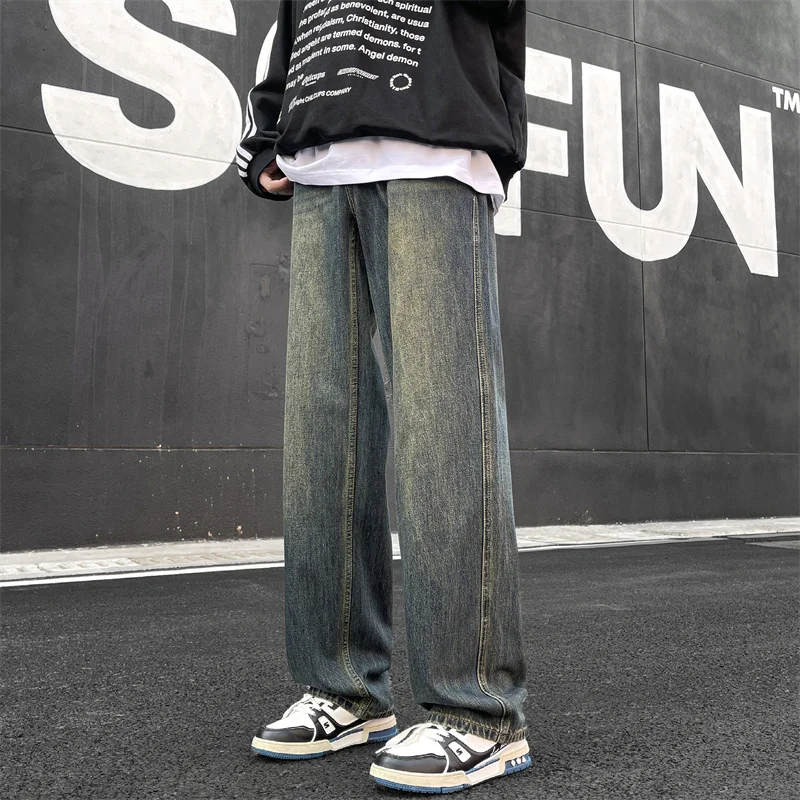 

Прямые джинсы с завязками в стиле ретро, мужские весенние американские модные свободные широкие длинные брюки, повседневные брюки для мужчин