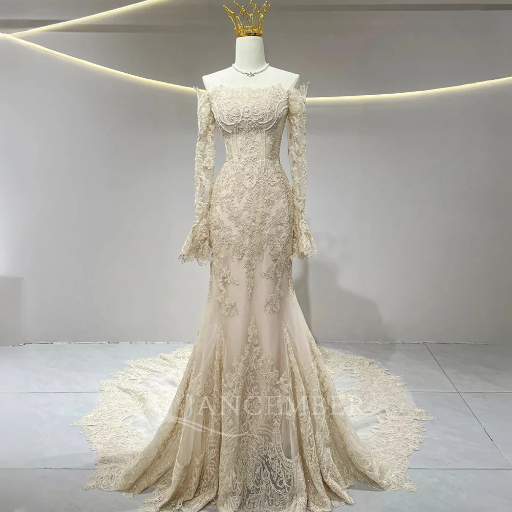플러스 사이즈 웨딩 드레스 긴 소매 맞춤형 신부 드레스 보트 넥 비치 맞춤형 보헤미안 시크 머메이드 로브 마리에 코트 트레인