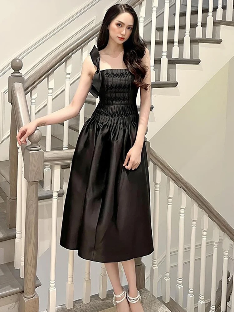 DEAT Elegant Dress Sleeveless Bows Decorate Hollow Out Folds Satin Mid-calf Women\'s Dresses 2024 Spring New Fashion 13DB1573