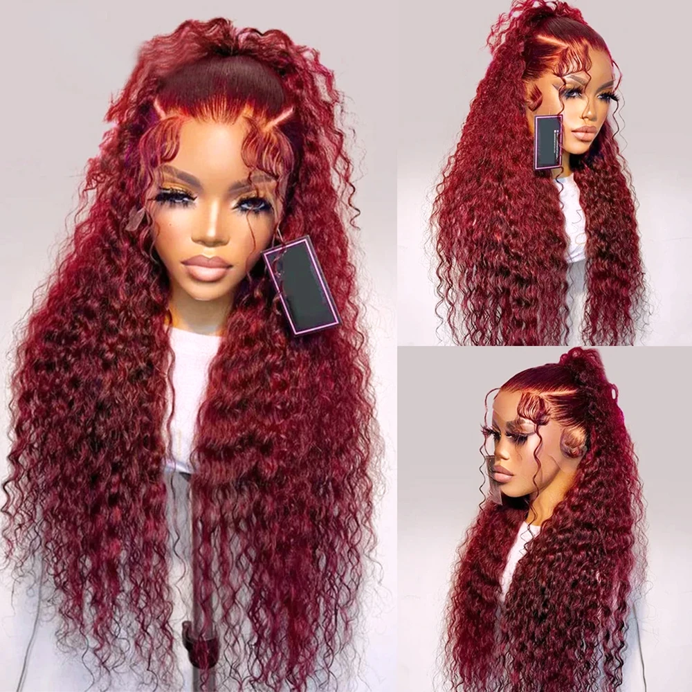 250% Burgundy 13x6 HD Lace Frontal Wig Human Hair Curly Deep Wave Brazilian Red 99J Color Lace Front Wigs For Women Pre Plucked