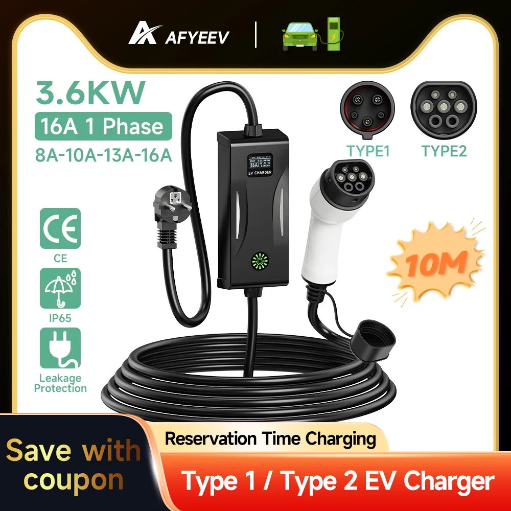 AFYEEV 3.6KW 16A Portable EV Charger Type2 IEC62196-2 EVSE Charging Cable Type1 SAE J1772 EU Plug Wallbox for Electric Car