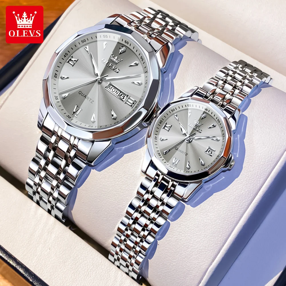 ساعات OLEVS للزوجين كاجوال من الفولاذ المقاوم للصدأ كوارتز أصلية مقاومة للماء بتقويم مضيء للرجال والنساء