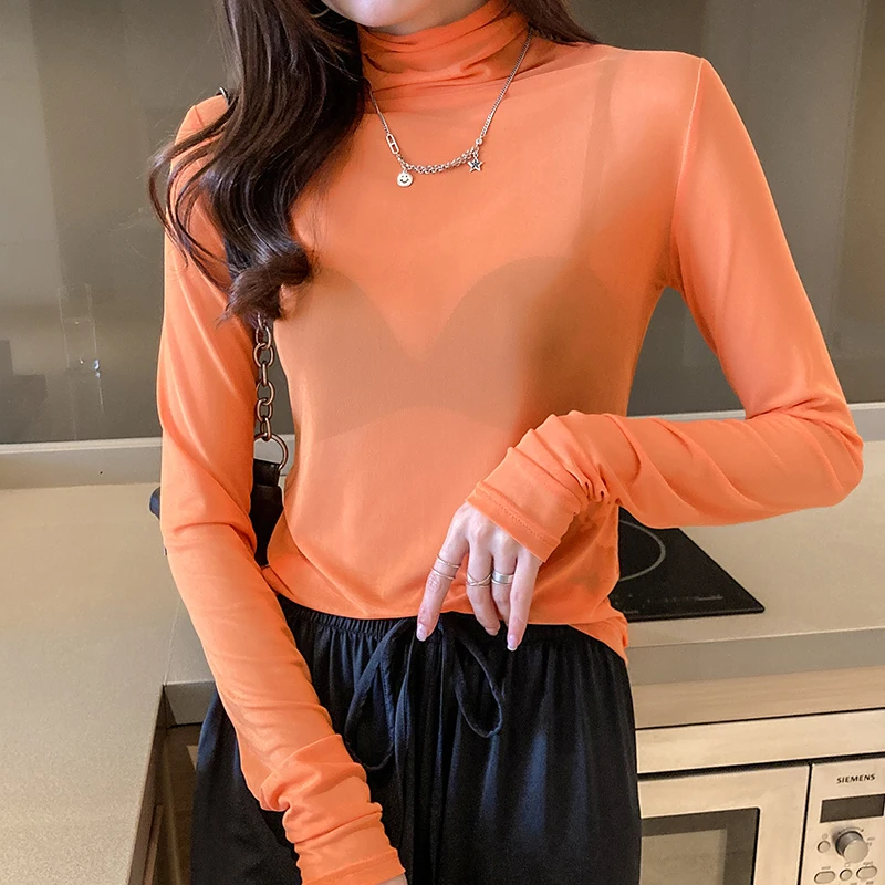 Women Mesh See-Through Tshirt Girl Turtleneck Plain Color Top Transparent Long Sleeve Tee T-Shirt